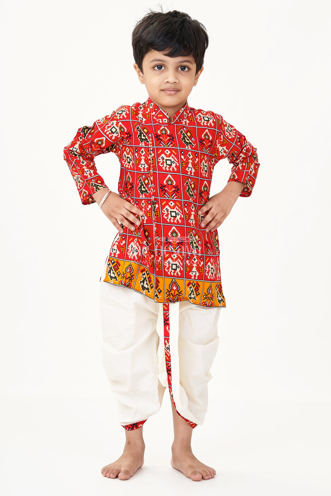 The Nesavu Boys Dothi Set Nesavu Boys Kurta Set with Red Patola Digital Print and Cream Dhoti Pant in Viscose Blend Nesavu Nesavu Boys Kurta Set Red Patola Digital Print Cream Dhoti Pant Viscose Blend