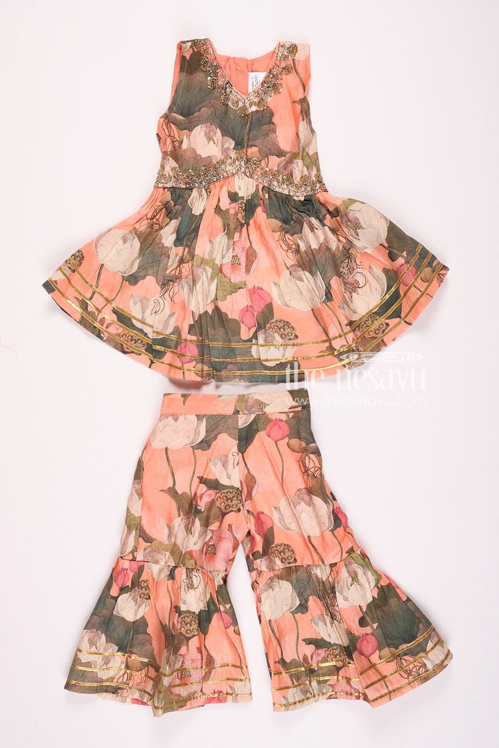 The Nesavu Girls Sharara / Plazo Set Nesavu Modal Silk Printed Sharara Plazo Dress with Top for Girls Diwali Special Hand Embroidered Outfit Nesavu 16 (1Y) / Orange GPS309C-16 Nesavu Modal Silk Sharara Plazo Dress for Girls | Diwali Special