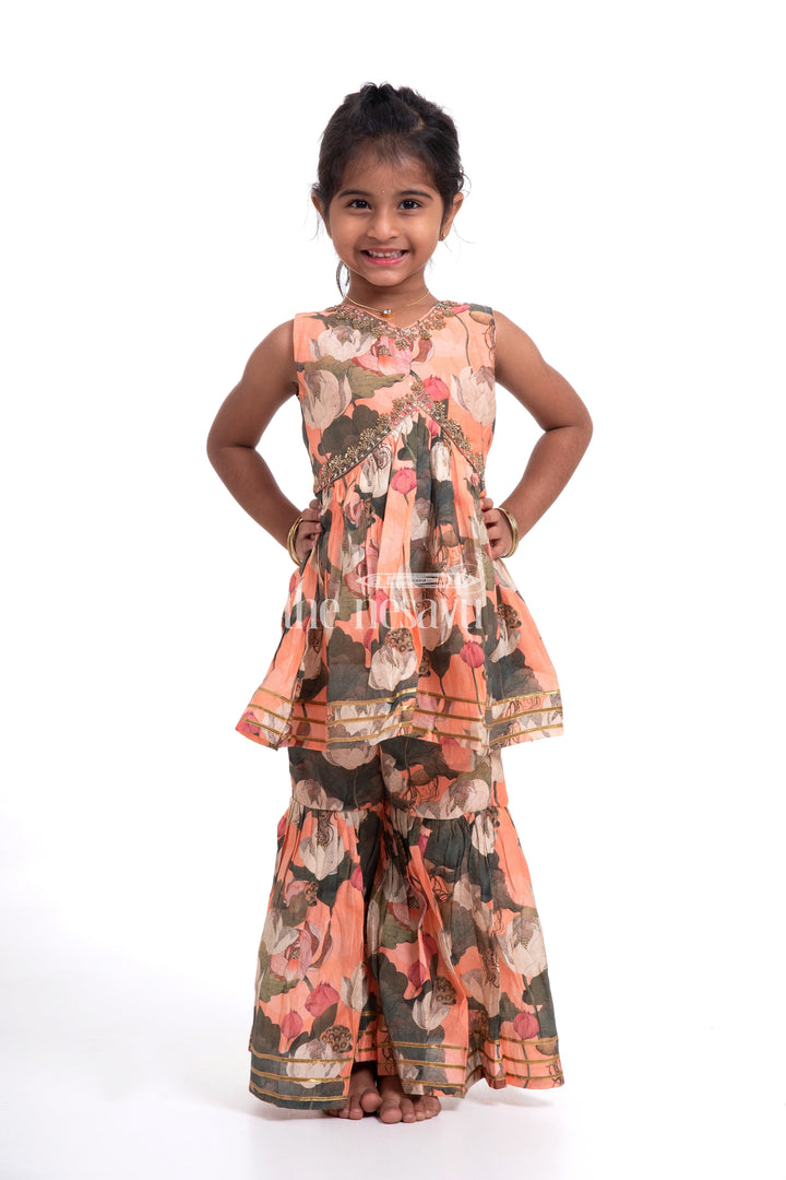 The Nesavu Girls Sharara / Plazo Set Nesavu Modal Silk Printed Sharara Plazo Dress with Top for Girls Diwali Special Hand Embroidered Outfit Nesavu Modal Silk Sharara Plazo Dress for Girls Diwali Special | The Nesavu