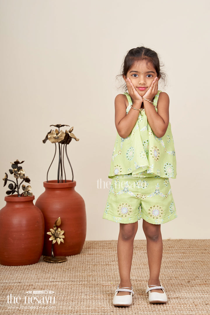 The Nesavu Baby Casual Sets New Born Dresses Green Hakoba Embroidered Baby Top and Shorts Set with Floral Cutwork Design Nesavu 18 (2Y) / Green BFJ801A-18 Nesavu New Born Dresses Green Hakoba Baby Outfit Embroidered Floral Cutwork Top Shorts