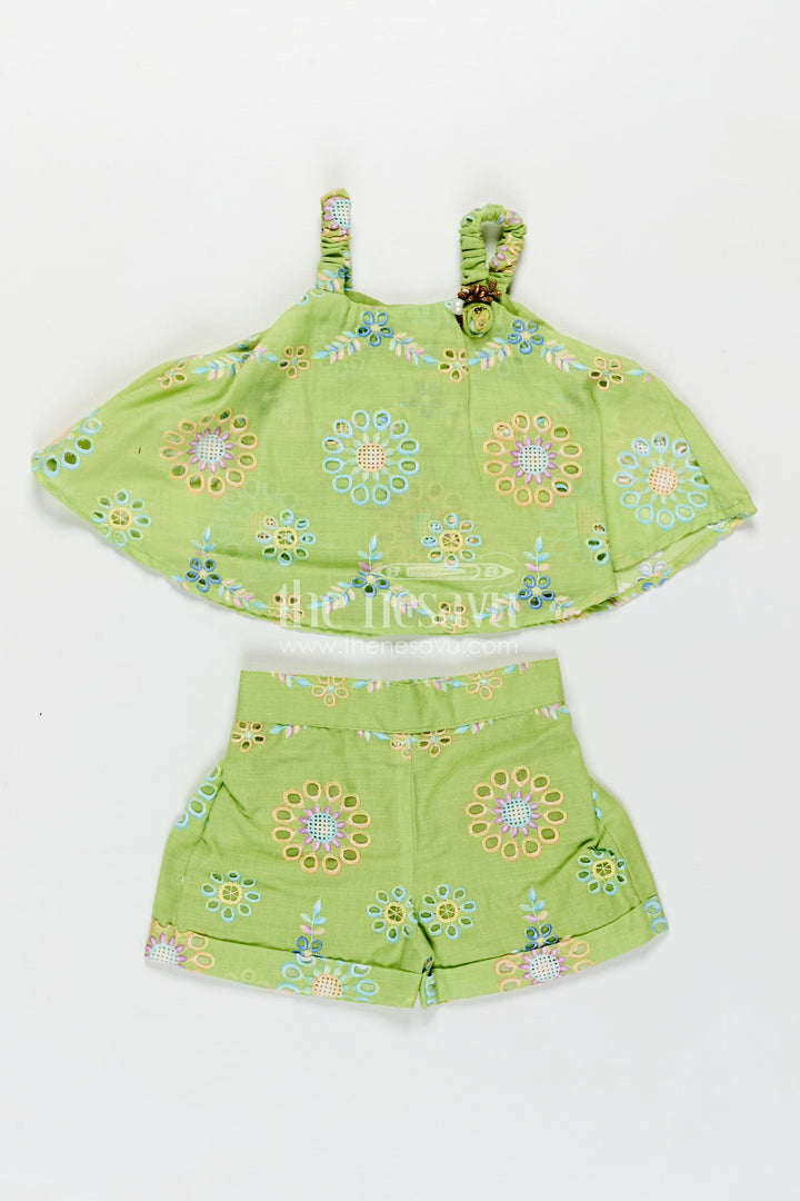 The Nesavu Baby Casual Sets New Born Dresses Green Hakoba Embroidered Baby Top and Shorts Set with Floral Cutwork Design Nesavu Nesavu New Born Dresses Green Hakoba Baby Outfit Embroidered Floral Cutwork Top Shorts