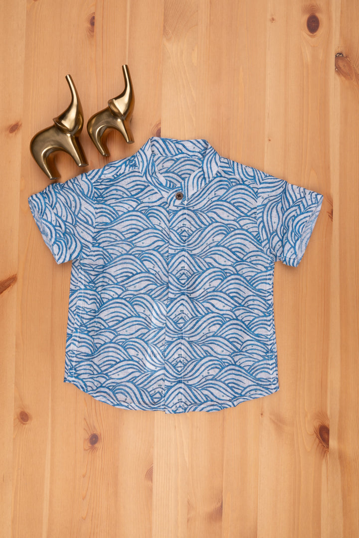The Nesavu Boys Linen Shirt Oceanic Elegance: Boys Blue Linen Shirt with Wave-Inspired Patterns Nesavu Boys Linen Shirt | Kids Printed Shirt | The Nesavu