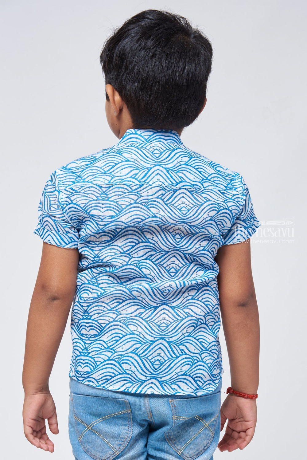 The Nesavu Boys Linen Shirt Oceanic Elegance: Boys Blue Linen Shirt with Wave-Inspired Patterns Nesavu Boys Linen Shirt | Kids Printed Shirt | The Nesavu