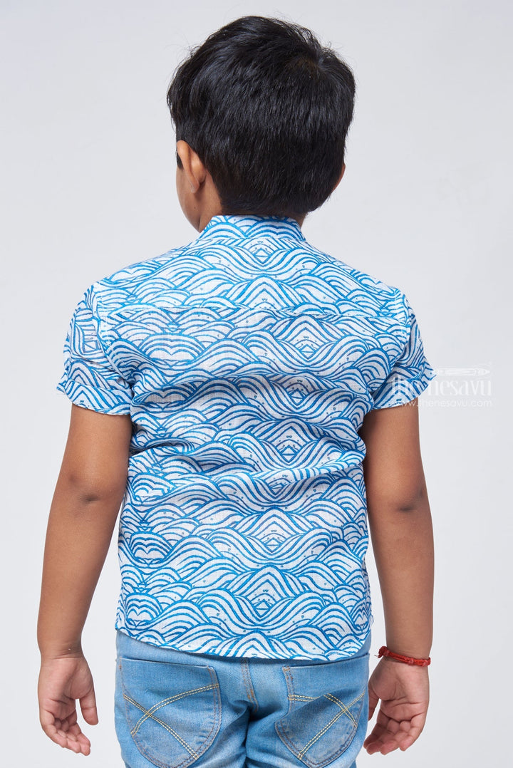 The Nesavu Boys Linen Shirt Oceanic Elegance: Boys Blue Linen Shirt with Wave-Inspired Patterns Nesavu Boys Linen Shirt | Kids Printed Shirt | The Nesavu