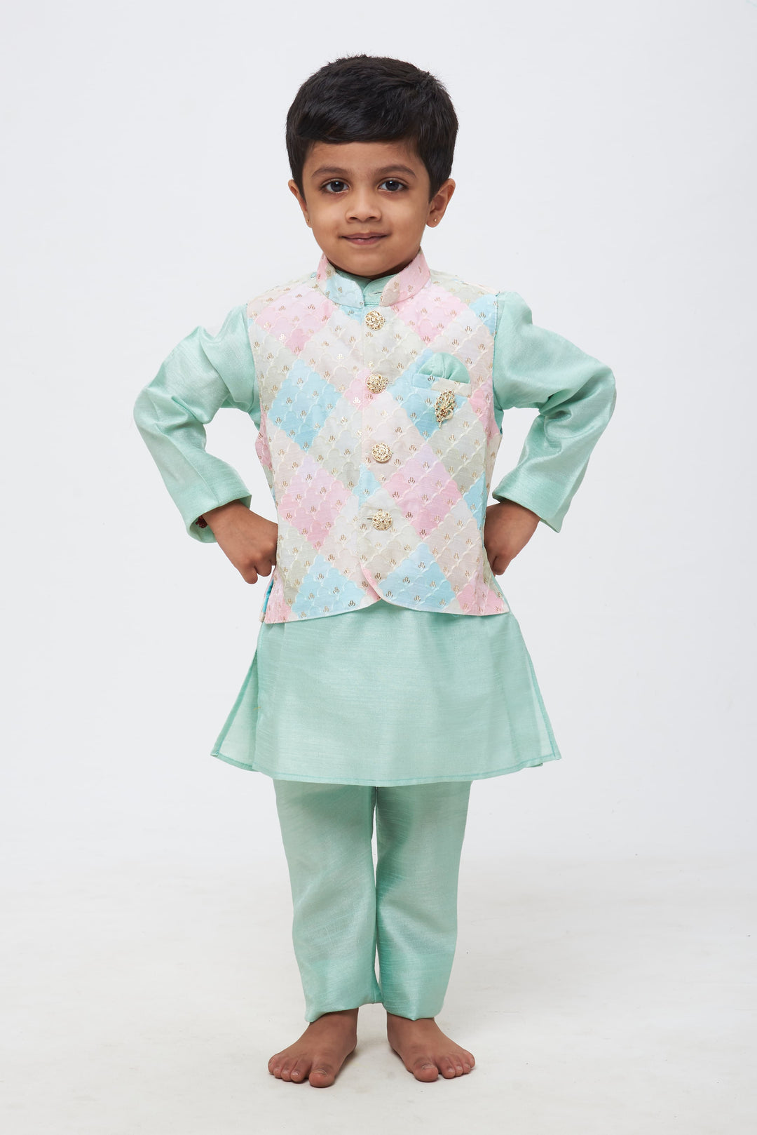 The Nesavu Boys Jacket Sets Oceanic Radiance: Boys Turquoise Kurta Shirt and Pant Set with Sequin Embroidered Overcoat Nesavu 12 (3M) / Turquoise / Silk Blend BES424A-12 Embrace Tradition with a Twist | Boys Kurta Set Adorned with Overcoat | The Nesavu