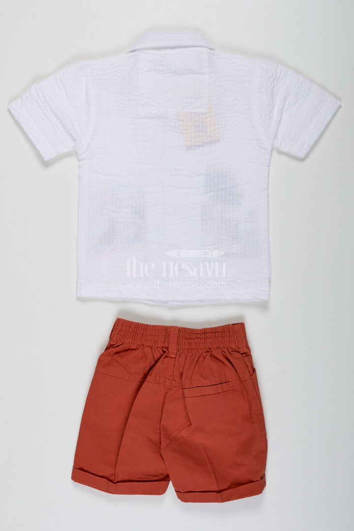 The Nesavu Boys Casual Set Orange Traditional Dress Set for Boys in Crush Cotton with Seaside Embroidery and Burnt Orange Shorts Nesavu Nesavu Orange Traditional Dress Set for Boys with Coastal Embroidery Shirt and Crush Cotton Burnt Orange Shorts