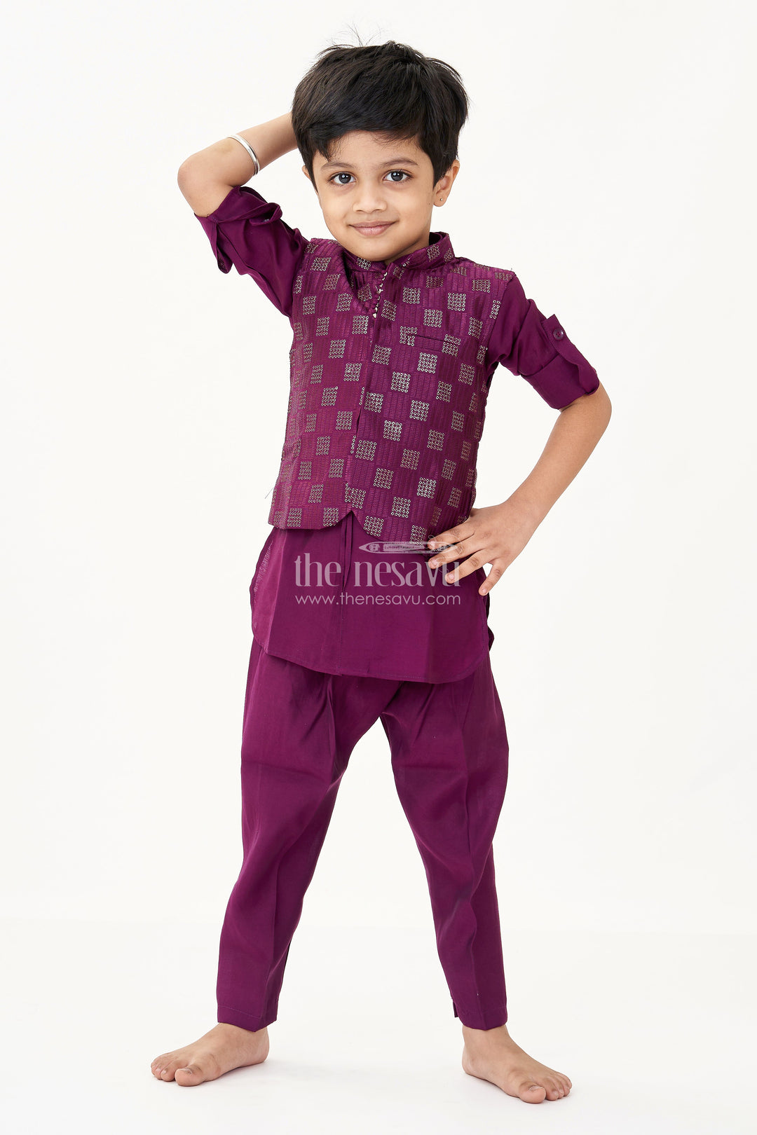 The Nesavu Boys Kurtha Set Party Wear Kurta Dress for Boys in Viscose with Thread Embroidered Jacket and Dhoti Style Pant Nesavu 14 (6M) / Purple BES692A-14 Nesavu Boys Party Wear Kurta Dress Embroidered Jacket Dhoti Pant Viscose Blend