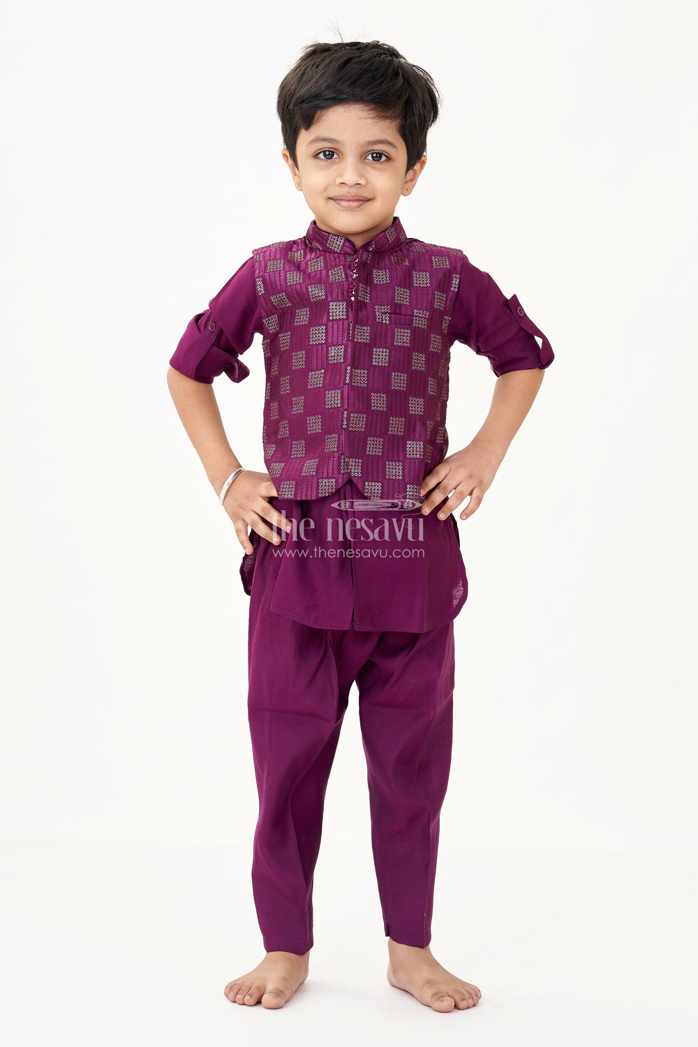 The Nesavu Boys Kurtha Set Party Wear Kurta Dress for Boys in Viscose with Thread Embroidered Jacket and Dhoti Style Pant Nesavu Nesavu Boys Party Wear Kurta Dress Embroidered Jacket Dhoti Pant Viscose Blend
