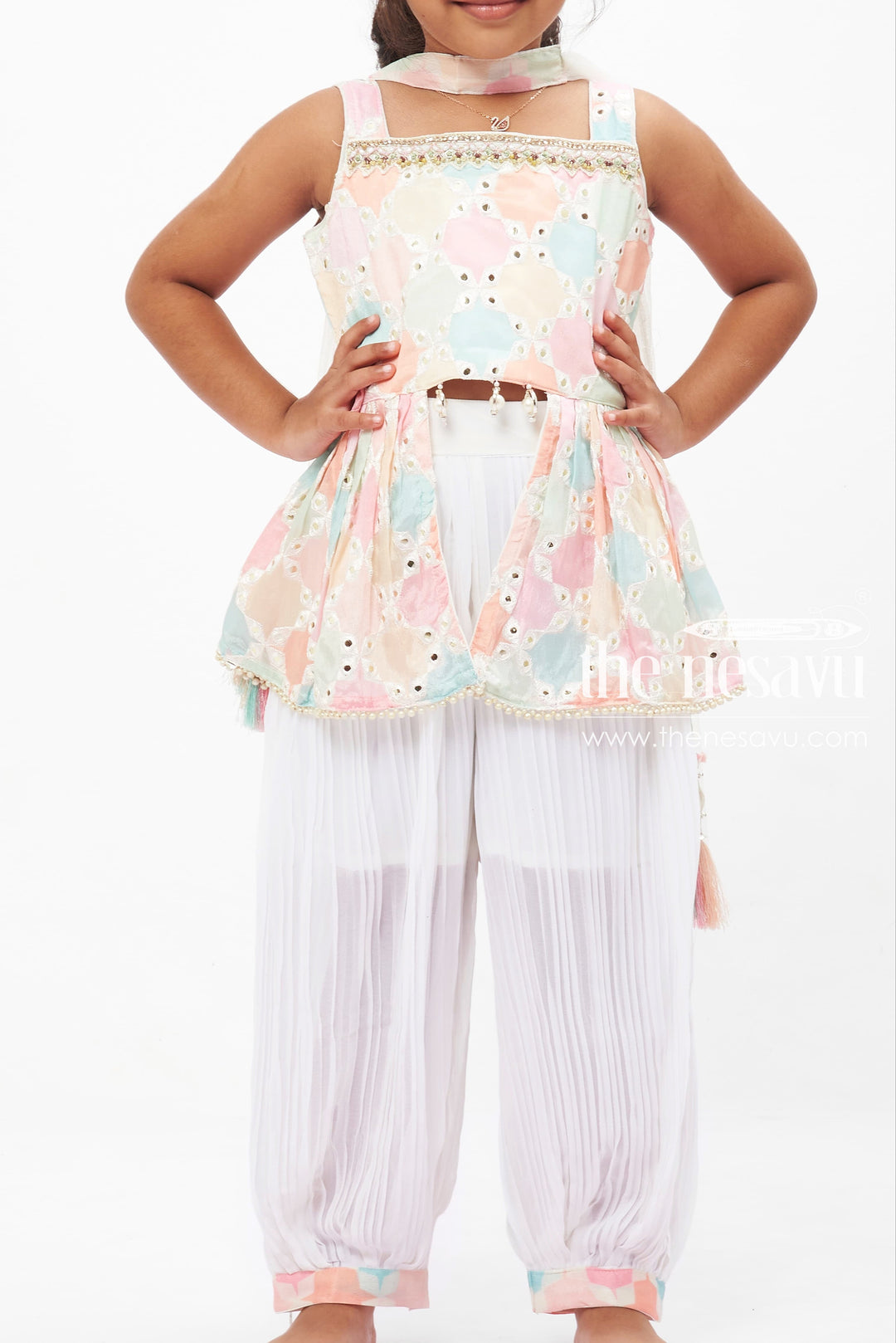 The Nesavu Girls Sharara / Plazo Set Pastel Embellished Kurti with Pants and Dupatta Set Nesavu Pastel Kurti and Pants Set for Girls with Dupatta | The Nesavu