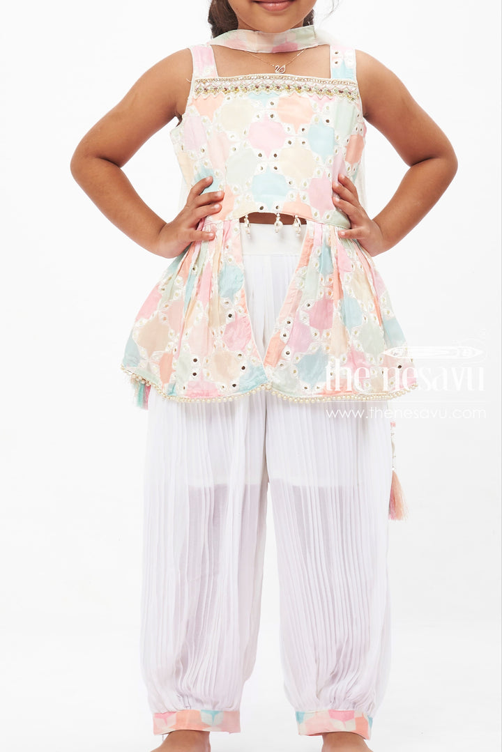 The Nesavu Girls Sharara / Plazo Set Pastel Embellished Kurti with Pants and Dupatta Set Nesavu Pastel Kurti and Pants Set for Girls with Dupatta | The Nesavu