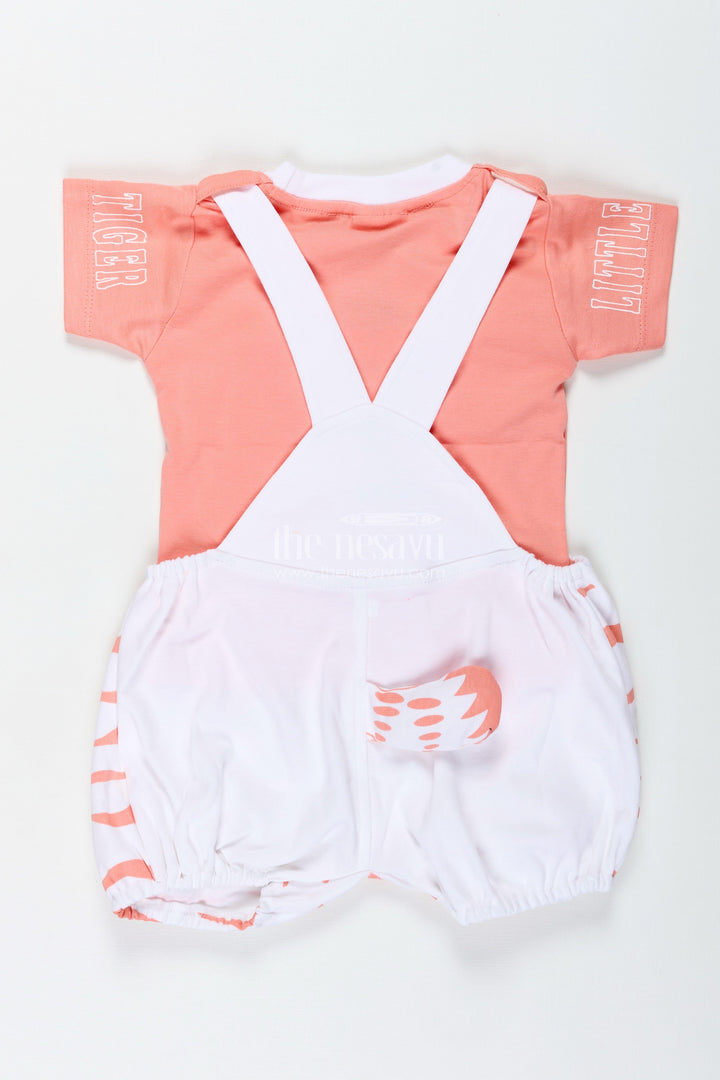 The Nesavu Boys Casual Set Peach Casual Outfit for Boys in Soft Cotton with Animal Digital Print and Bunny Dungaree Style Nesavu Nesavu Peach Casual Outfit Baby Boys White Bunny Print Cotton Dungaree Set