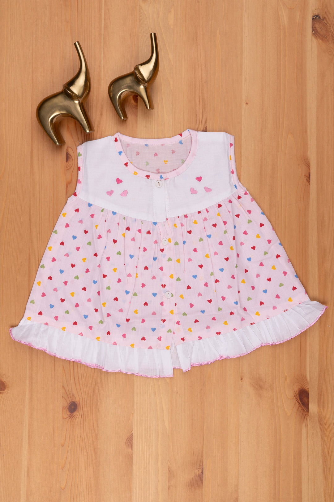 The Nesavu Baby Frock / Jhabla Pink Dream: Heart Print Frock with White Yoke for Babies Nesavu 12 (3M) / Pink BFJ449C-12 First Birthday Dress For babys | Pink Party Frocks Online | The Nesavu
