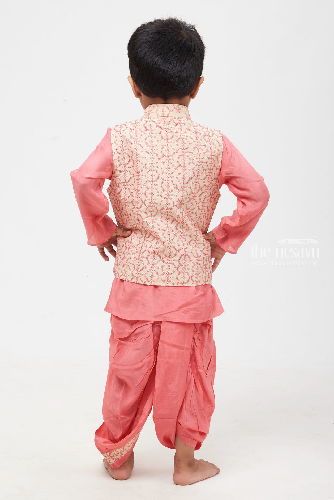 The Nesavu Boys Jacket Sets Pink Panache: Resham Embroidered Overcoat & Soft Pink Kurta with Traditional Panchagajam for Boys Nesavu Designer Boys Ethnic Kurta Panchagajam set | Latest Collection | The Nesavu