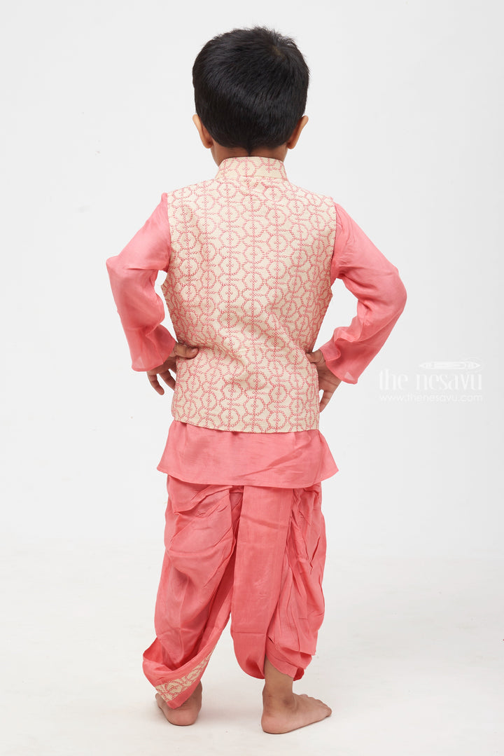The Nesavu Boys Jacket Sets Pink Panache: Resham Embroidered Overcoat & Soft Pink Kurta with Traditional Panchagajam for Boys Nesavu Designer Boys Ethnic Kurta Panchagajam set | Latest Collection | The Nesavu