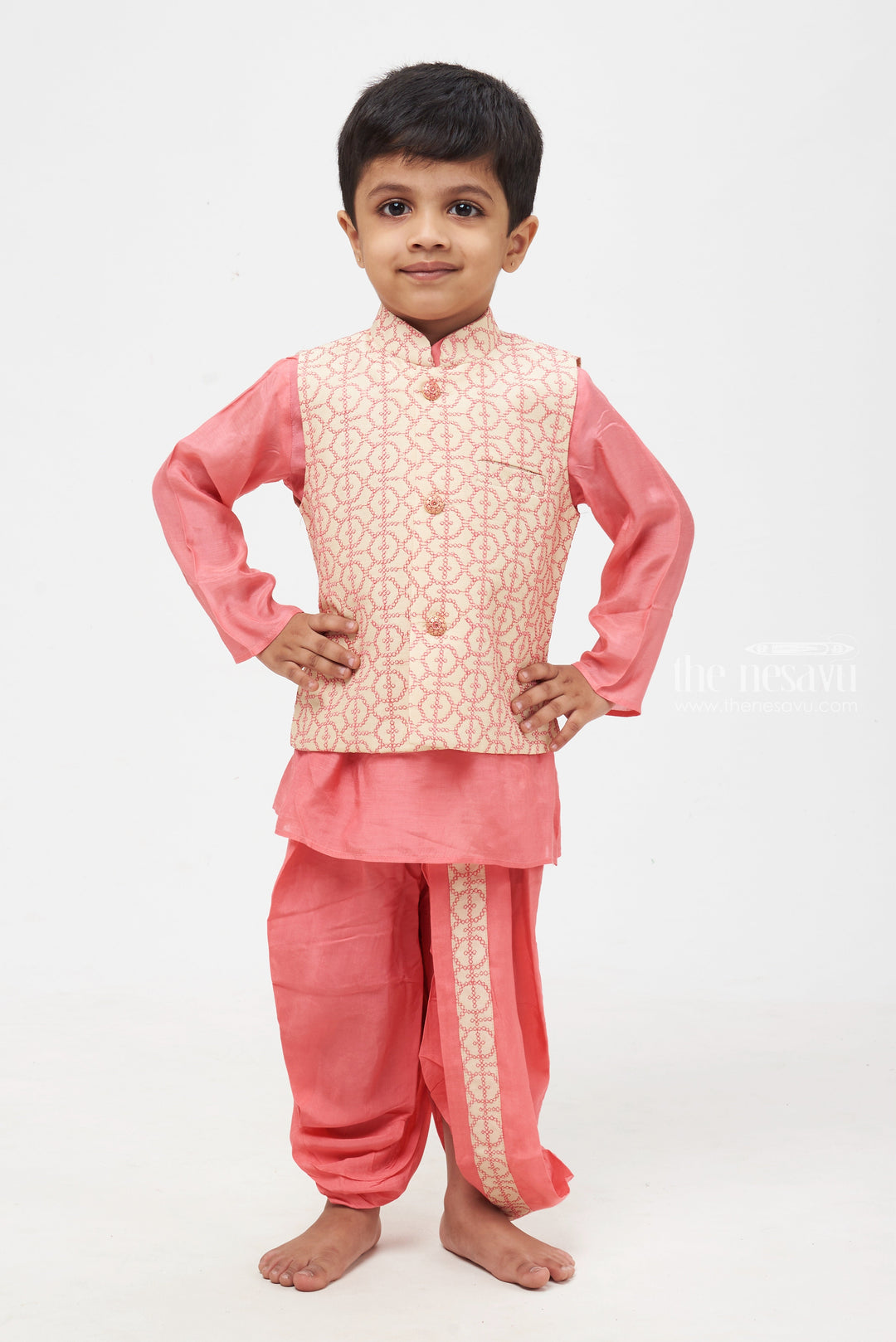 The Nesavu Boys Jacket Sets Pink Panache: Resham Embroidered Overcoat & Soft Pink Kurta with Traditional Panchagajam for Boys Nesavu Designer Boys Ethnic Kurta Panchagajam set | Latest Collection | The Nesavu