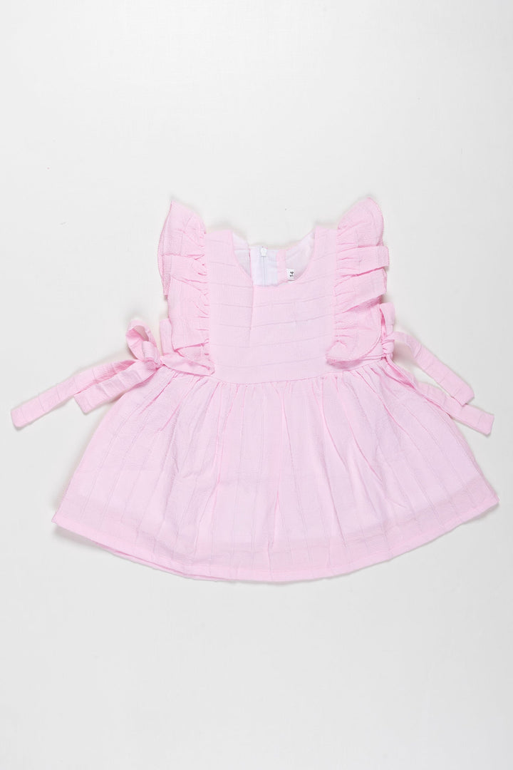 The Nesavu Baby Cotton Frocks Pink Princess Geometric Frock with Frill Accents for Baby Girls Nesavu 14 (6M) / Pink / Poly Silk BFJ525B-14 Chic Pink Cotton Frilled Frock for Infants | Baby Girls Geometric Charm | The Nesavu