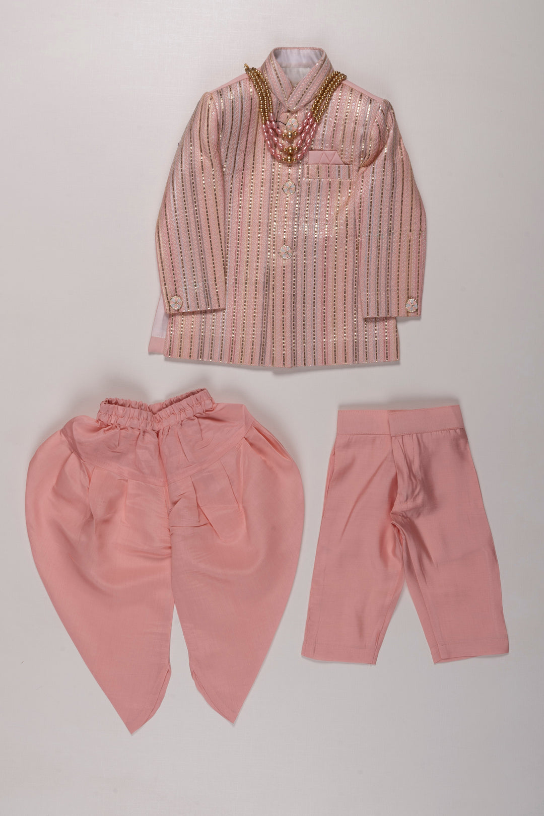 The Nesavu Boys Sherwani Pink Sherwani with Dhoti and Pant Set for Boys - Festive Elegance Nesavu Boys Pink Sherwani Set with Dhoti & Pants | Vibrant & Traditional Style | The Nesavu