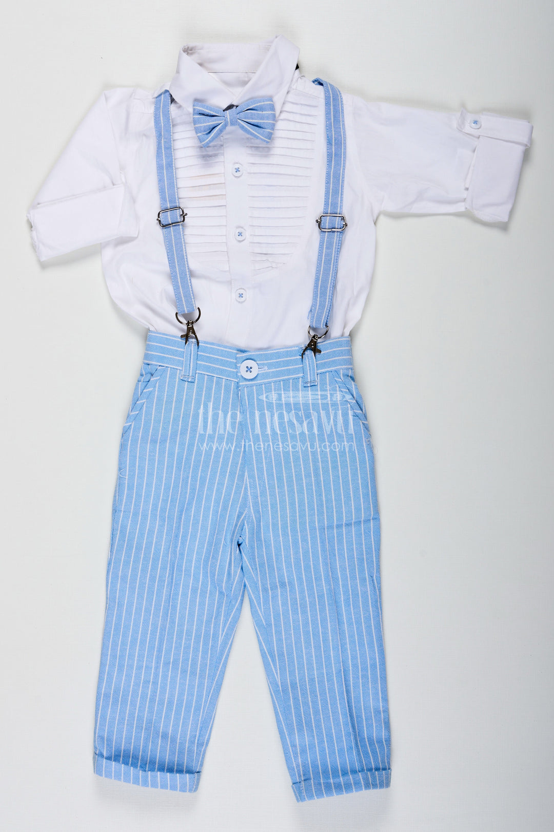 The Nesavu Boys Casual Set Pintuck Stitch Boys Formal Shirt Set with Light Blue Striped Pants Bow Tie and Matching Cap Nesavu 16 (1Y) / Blue BCS233B-16 Nesavu Pintuck Stitch Boys Shirt Set with Blue Striped Pants Cap and Formal Accessories