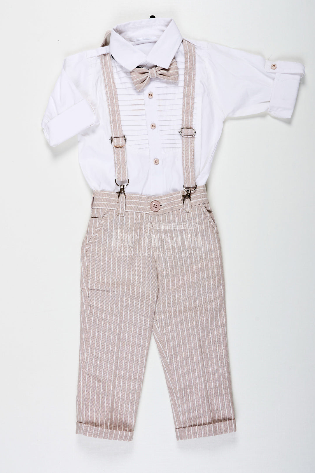 The Nesavu Boys Casual Set Pintucks Design Boys Cotton Shirt Set with Beige Striped Pants Bow Tie and Cap for Classic Casual Look Nesavu 16 (1Y) / Beige BCS233A-16 Nesavu Pintucks Design Boys Shirt Set with Beige Striped Trousers Bow Tie Suspenders and Cap