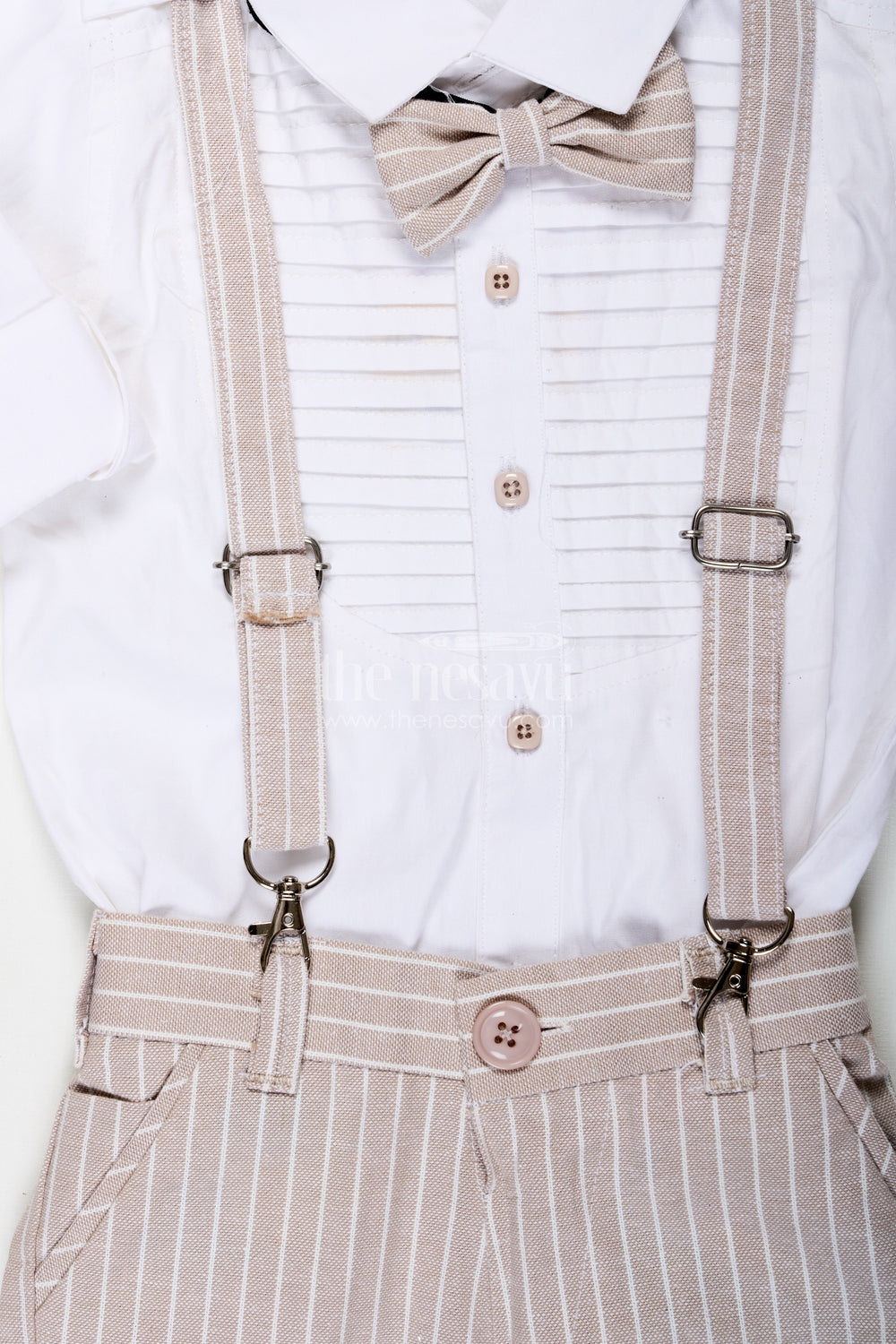 The Nesavu Boys Casual Set Pintucks Design Boys Cotton Shirt Set with Beige Striped Pants Bow Tie and Cap for Classic Casual Look Nesavu Nesavu Pintucks Design Boys Shirt Set with Beige Striped Trousers Bow Tie Suspenders and Cap