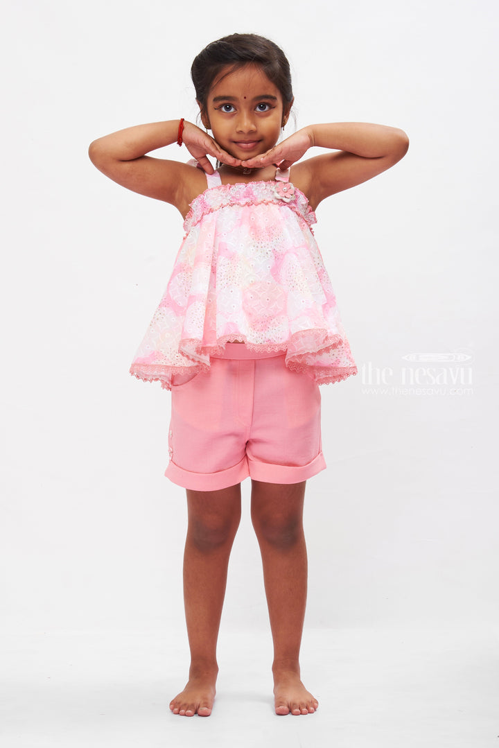The Nesavu Baby Casual Sets Playful Pink Halter Top & Shorts Set with Lace Accents for Girls Nesavu Girls Lace Detail Summer Set | Pink Casual Outfit | Stylish Kids Playwear | The Nesavu