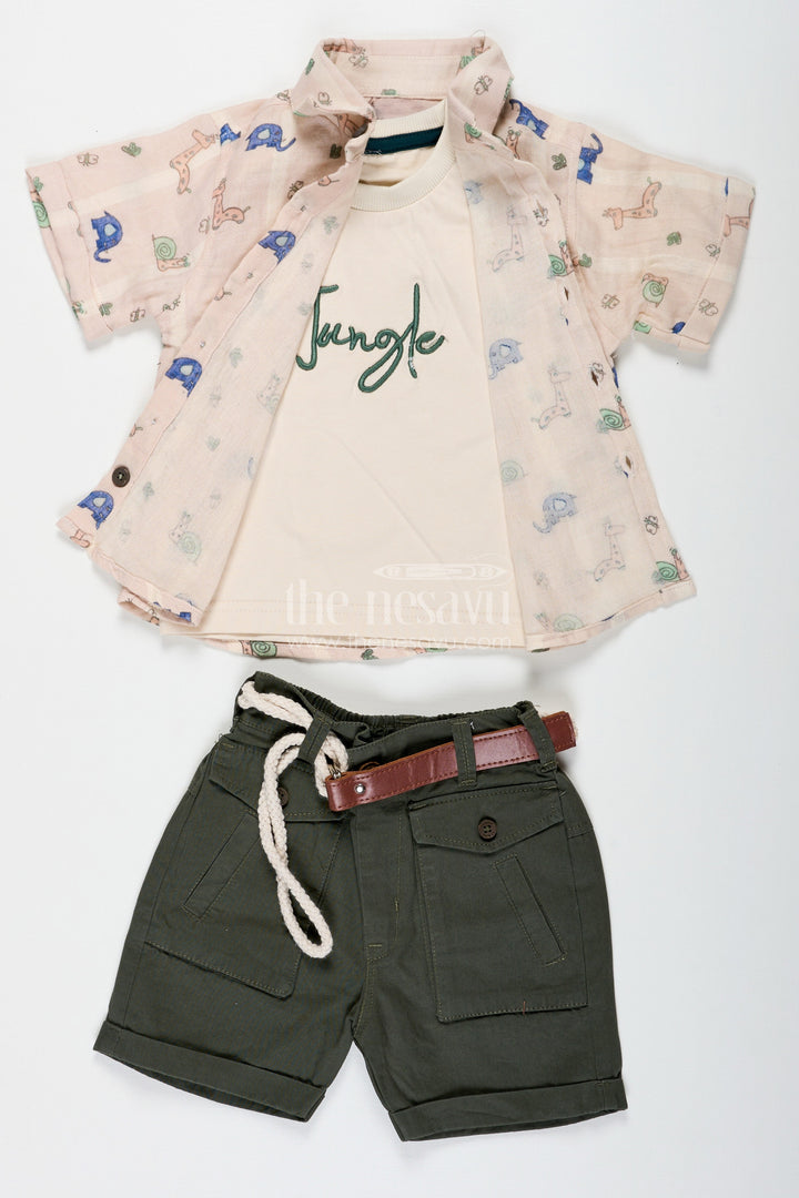 The Nesavu Boys Casual Set Print Shirt Set for Boys in Jungle-Themed Muslin Cotton with Graphic Tank Top and Olive Shorts Nesavu 16 (1Y) / Green BCS232A-16 Nesavu Print Shirt Boys Set with Jungle Graphic Tank Top Muslin Cotton Shirt and Olive Shorts