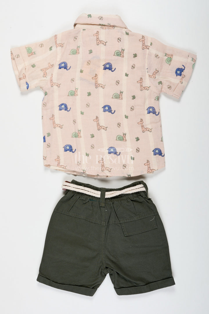 The Nesavu Boys Casual Set Print Shirt Set for Boys in Jungle-Themed Muslin Cotton with Graphic Tank Top and Olive Shorts Nesavu Nesavu Print Shirt Boys Set with Jungle Graphic Tank Top Muslin Cotton Shirt and Olive Shorts
