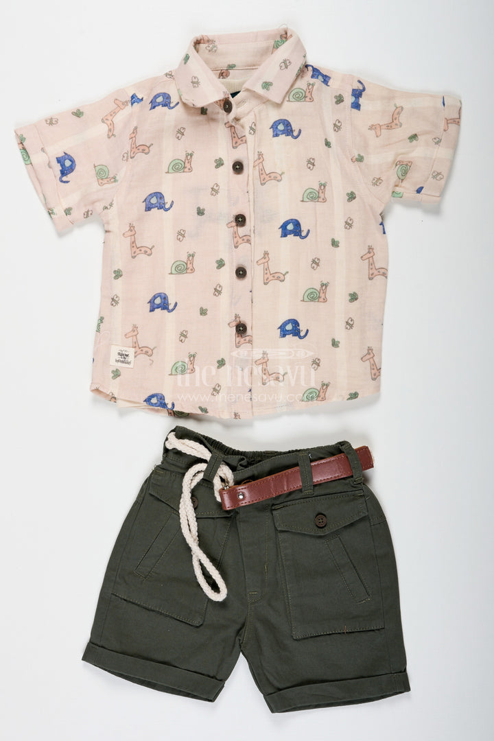 The Nesavu Boys Casual Set Print Shirt Set for Boys in Jungle-Themed Muslin Cotton with Graphic Tank Top and Olive Shorts Nesavu Nesavu Print Shirt Boys Set with Jungle Graphic Tank Top Muslin Cotton Shirt and Olive Shorts