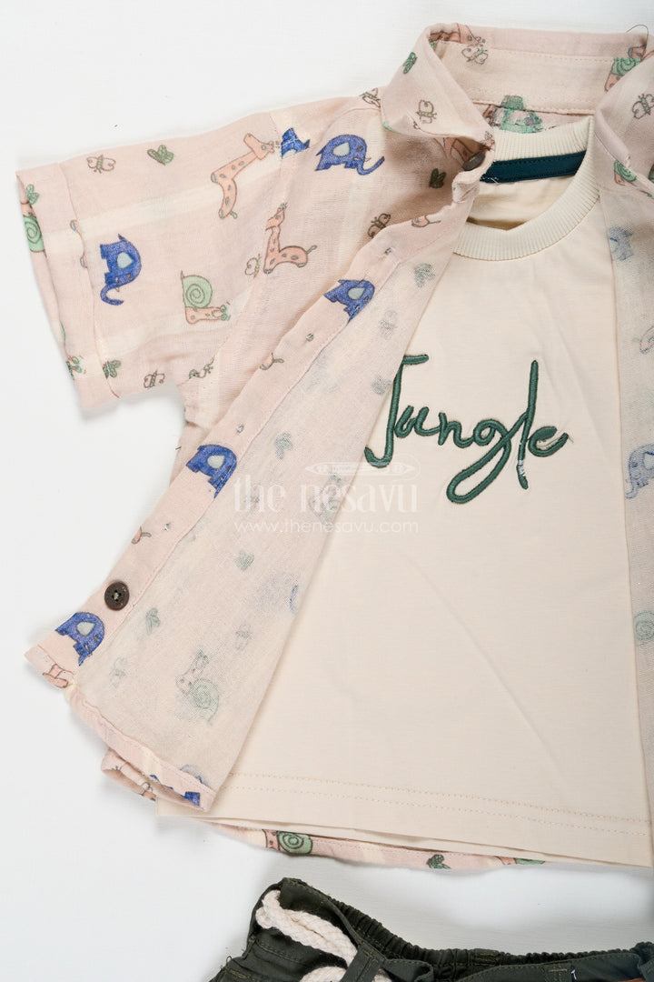 The Nesavu Boys Casual Set Print Shirt Set for Boys in Jungle-Themed Muslin Cotton with Graphic Tank Top and Olive Shorts Nesavu Nesavu Print Shirt Boys Set with Jungle Graphic Tank Top Muslin Cotton Shirt and Olive Shorts