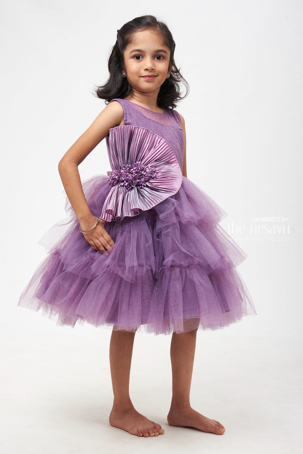 The Nesavu Girls Tutu Frock Purple Panache: Fabulous Floral Embellished Party Frock with Layered Pleats for Trendsetting Girls Nesavu Baby Party Frock Exquisite Designs | Birthday Frock for 2-Year-Old Girl | The Nesavu