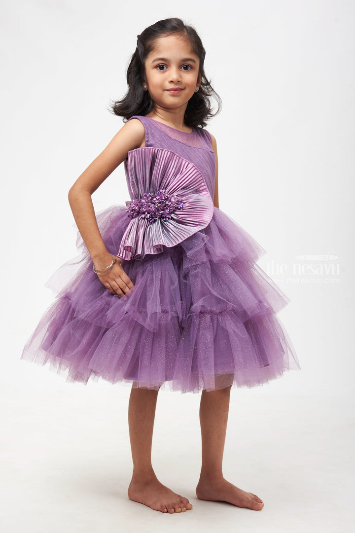 The Nesavu Girls Tutu Frock Purple Panache: Fabulous Floral Embellished Party Frock with Layered Pleats for Trendsetting Girls Nesavu Baby Party Frock Exquisite Designs | Birthday Frock for 2-Year-Old Girl | The Nesavu