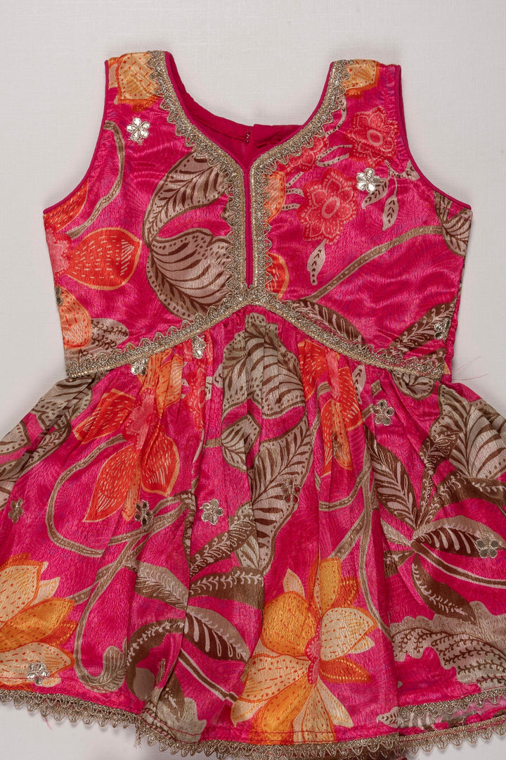 The Nesavu Girls Sharara / Plazo Set Radiant Fuchsia Floral Gharara Set with Silver Sequin Embellishments for Girls Nesavu Buy Girls Fuchsia Sequined Gharara Set | Vibrant Floral Party Wear | The Nesavu