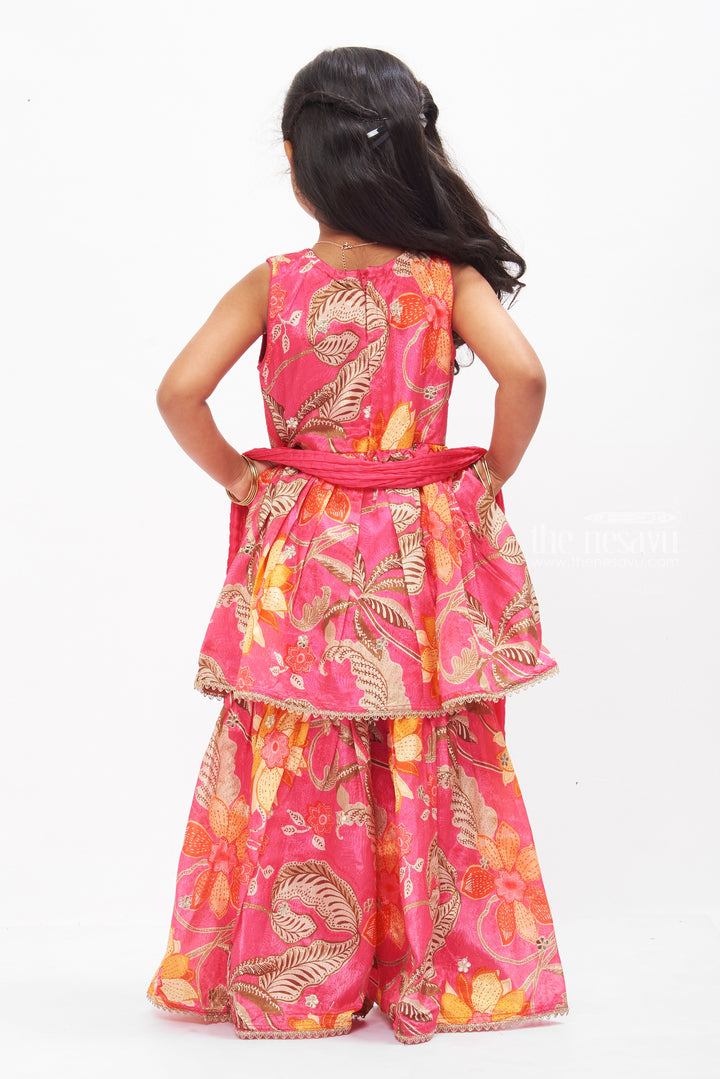 The Nesavu Girls Sharara / Plazo Set Radiant Fuchsia Floral Gharara Set with Silver Sequin Embellishments for Girls Nesavu Buy Girls Fuchsia Sequined Gharara Set | Vibrant Floral Party Wear | The Nesavu