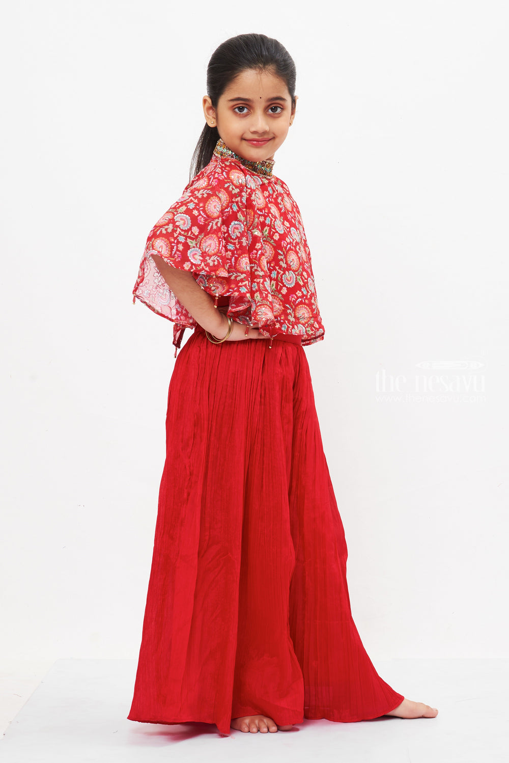 The Nesavu Girls Sharara / Plazo Set Radiant Red Designer Top with Palazzo Pants Set for Girls - A Festive Fusion Nesavu Girls Festive Red Designer Top and Palazzo Set | Celebrate in Style | The Nesavu