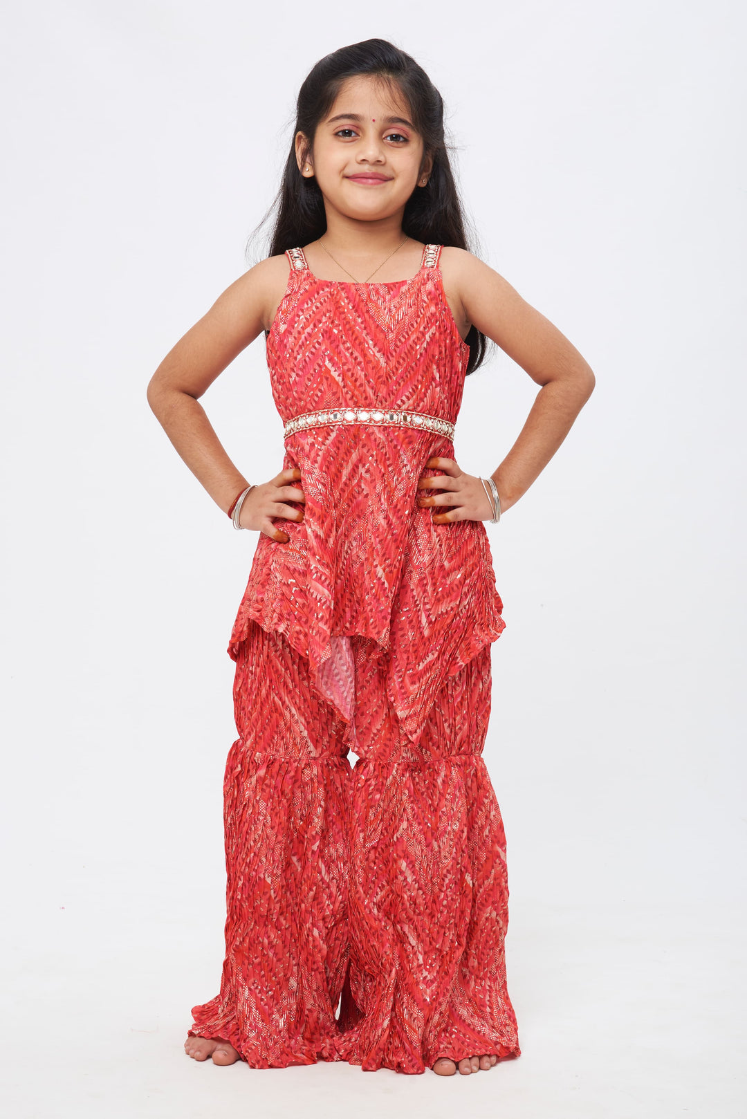 The Nesavu Girls Sharara / Plazo Set Radiant Rhapsody: Girls Dazzling Red Kurti and Gharara Pant Set with Dupatta Nesavu 24 (5Y) / Red / Viscose Chinon GPS224A-24 Premium Girls Red Kurti and Gharara Pant Set | Traditional Ethnic Wear for Kids | The Nesavu