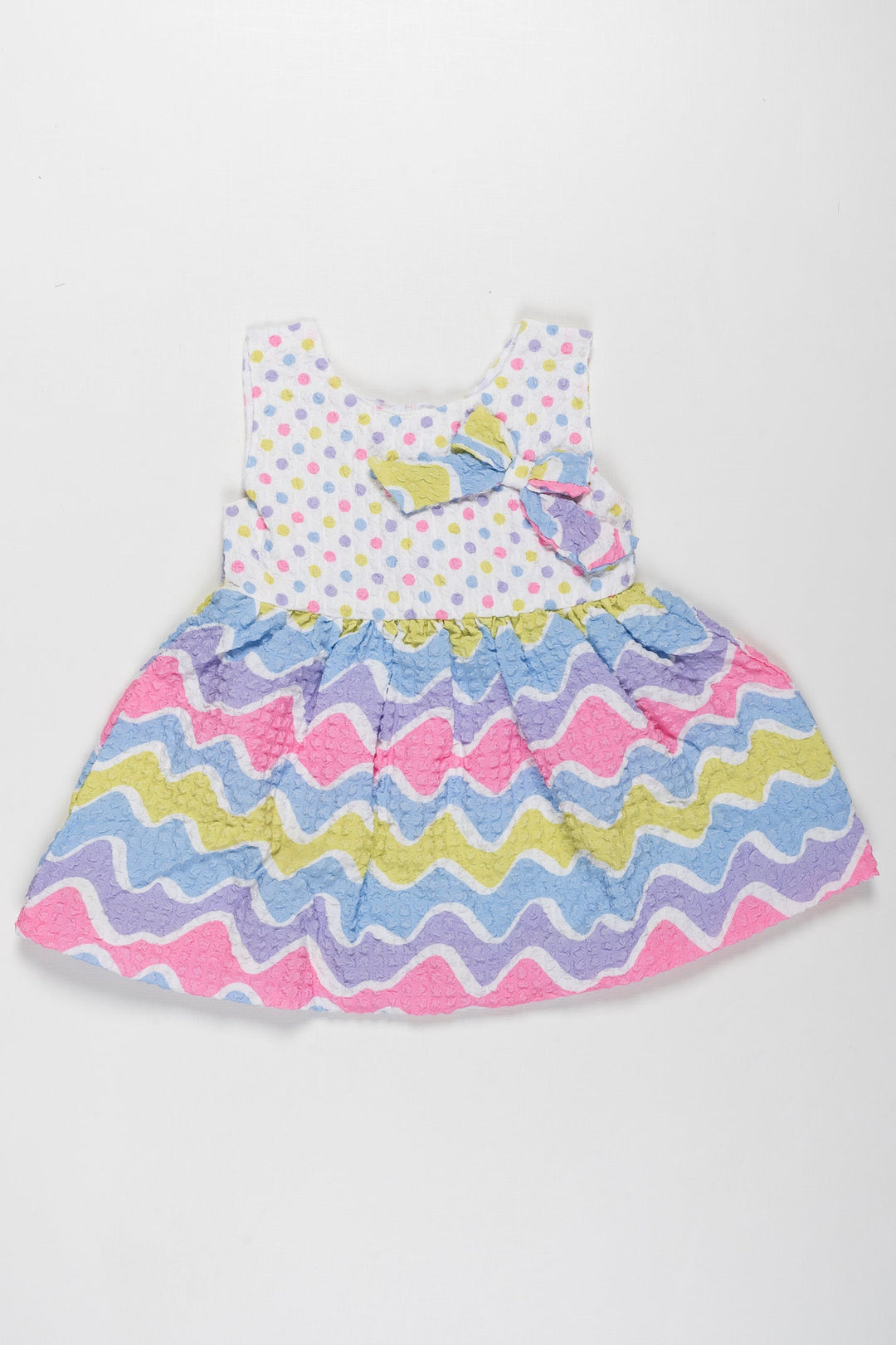 The Nesavu Baby Fancy Frock Rainbow Ripple Baby Frock with Polka Dots - Summer Splash Collection Nesavu 14 (6M) / Blue / Popcorn Polysilk BFJ530A-14 Chic Rainbow Polka Dot Dress for Infants | Vibrant Newborn Summer Outfits | The Nesavu