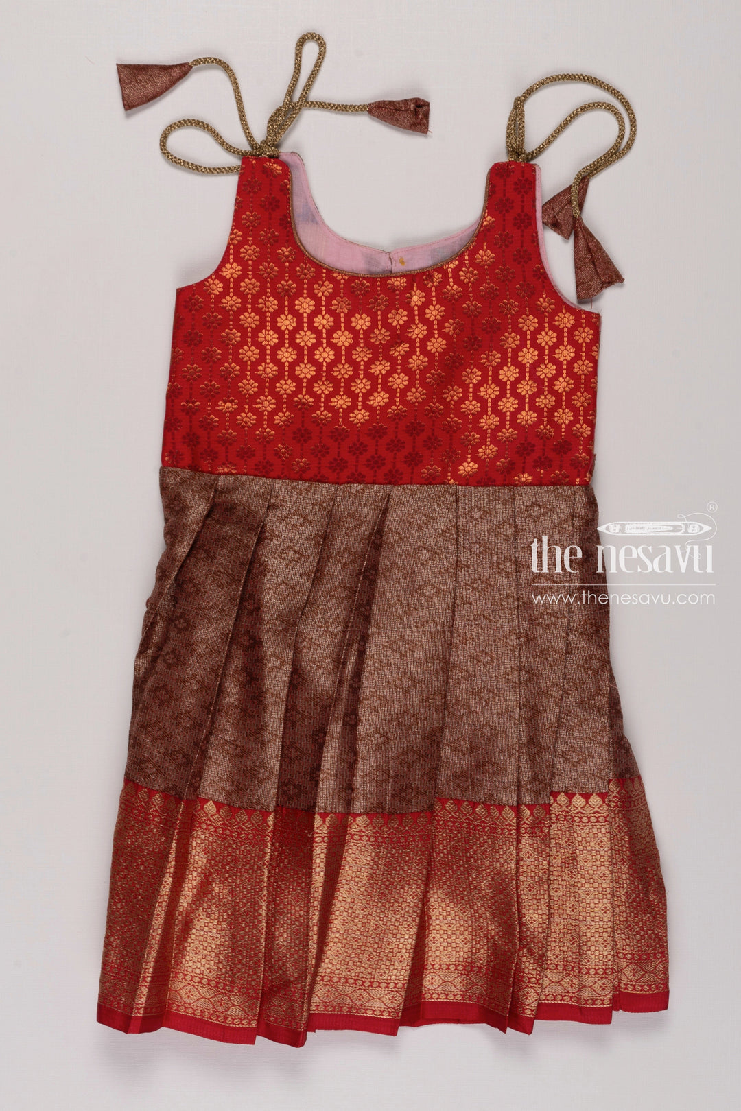 The Nesavu Tie-up Frock Red and Brown Silk TieUp Infant Frock with Gold Detailing Nesavu 16 (1Y) / Brown / Blend Silk T289A-16 Terracotta Garnet Silk Frock | Elegant Party Wear with Gold Accents | The Nesavu