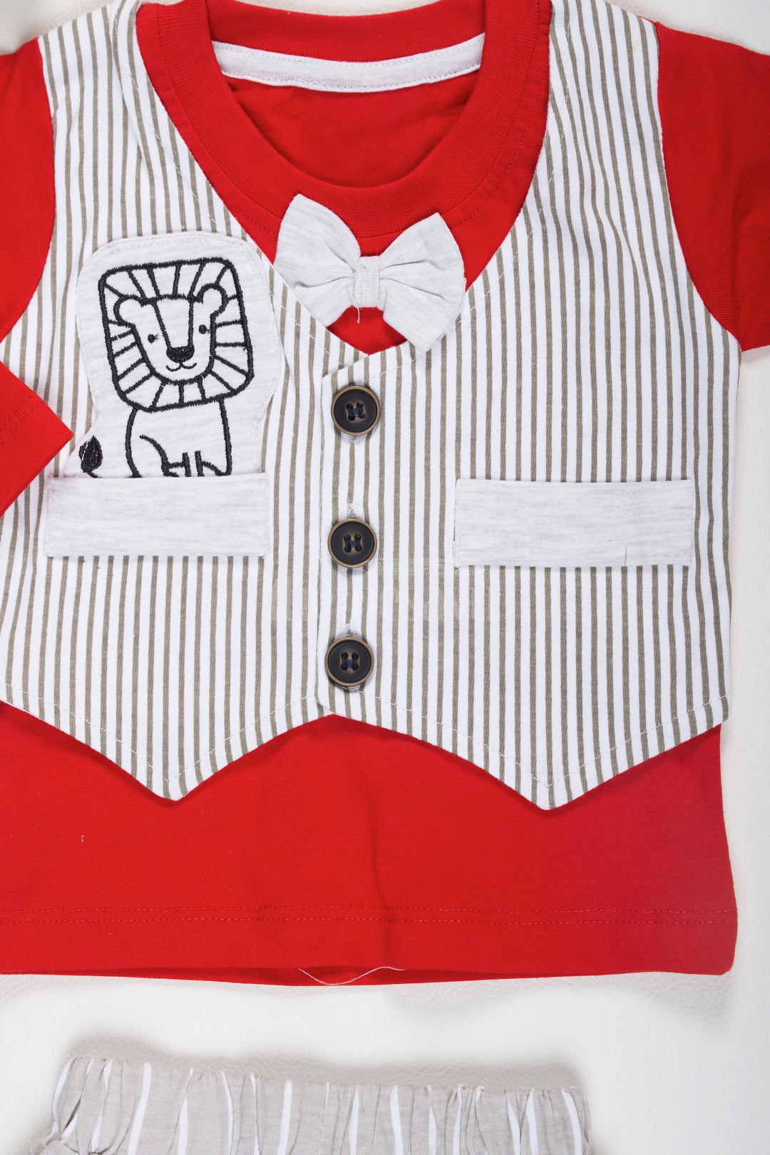 The Nesavu Baby Casual Sets Red Long-Sleeve Baby Casual Set with Gray Striped Vest and Lion Patch for Boys Nesavu Red Baby Casual Set Gray Striped Vest Lion Patch Shirt Boys