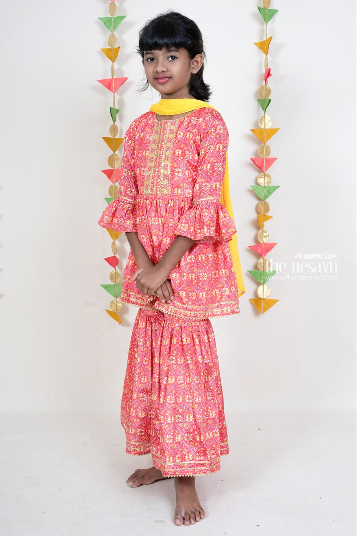 The Nesavu Girls Sharara / Plazo Set Red Printed Designer Cotton Sharara Pant With Tunic Top For Girls Nesavu Red Designer Kurta Dresses | Stylish Sharara Pant Design Ideas | The Nesavu