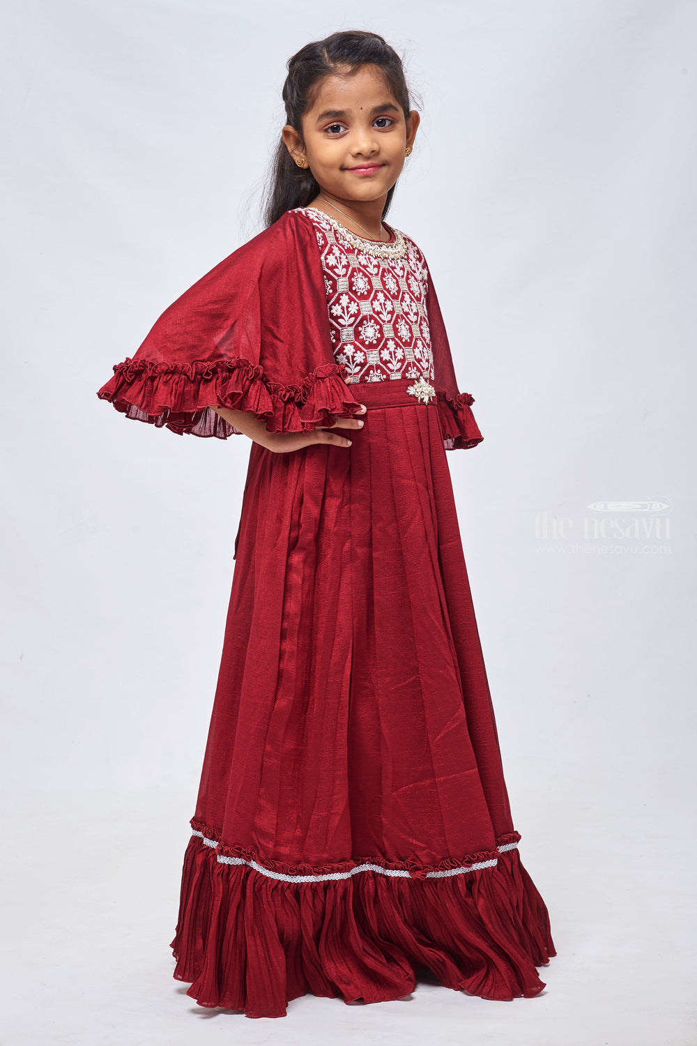 The Nesavu Girls Silk Gown Red Resham Embroidery & Knife Pleats: Bell Sleeve Gown for Girls Nesavu Elegant Anarkali Suit for Girls | Fashionable Anarkali Dress Collection | The Nesavu