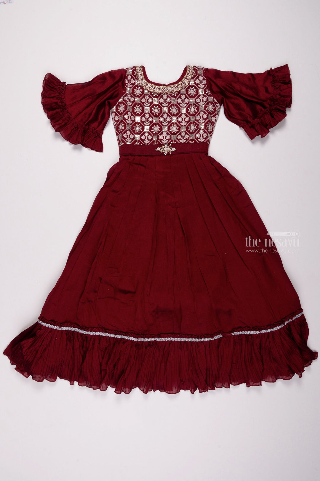 The Nesavu Silk Gown Red Resham Embroidery & Knife Pleats: Bell Sleeve Gown for Girls Nesavu 24 (5Y) / Red / Silk Blend GA145A-24 Elegant Anarkali Suit for Girls | Fashionable Anarkali Dress Collection | The Nesavu