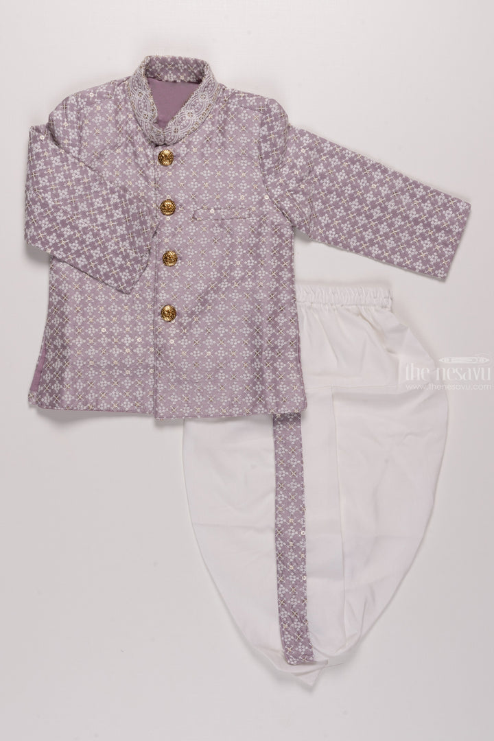 The Nesavu Boys Dothi Set Regal Heritage: Boys Patterned Purple Kurta with White Panchagajam Set Nesavu 12 (3M) / Purple / Blend Silk BES427B-12 Ethnic Elegance for Boys | New Festive Kurta with Dhoti Collections | The Nesavu