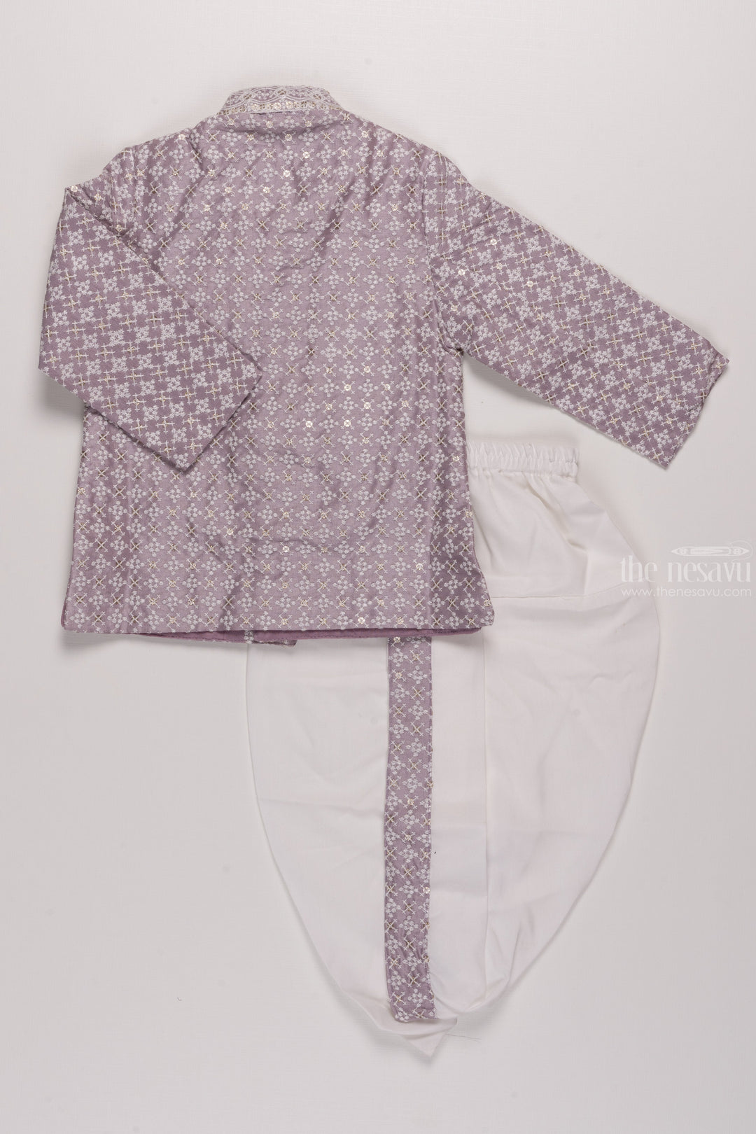 The Nesavu Boys Dothi Set Regal Heritage: Boys Patterned Purple Kurta with White Panchagajam Set Nesavu Ethnic Elegance for Boys | New Festive Kurta with Dhoti Collections | The Nesavu