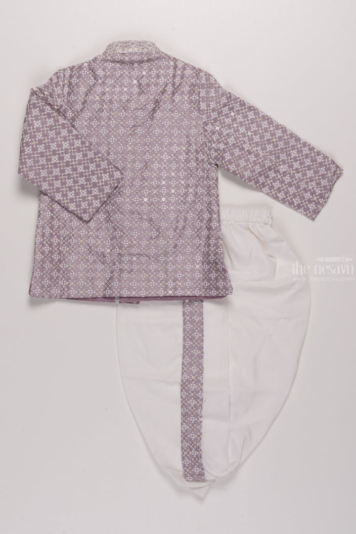 The Nesavu Boys Dothi Set Regal Heritage: Boys Patterned Purple Kurta with White Panchagajam Set Nesavu Ethnic Elegance for Boys | New Festive Kurta with Dhoti Collections | The Nesavu