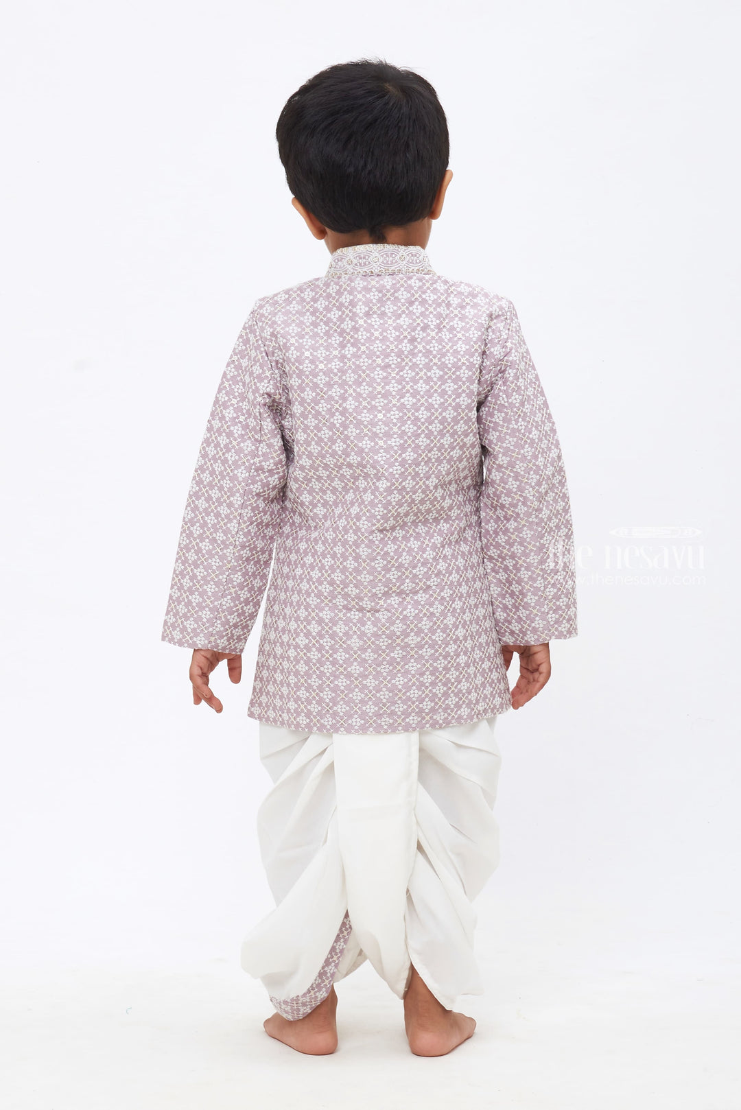 The Nesavu Boys Dothi Set Regal Heritage: Boys Patterned Purple Kurta with White Panchagajam Set Nesavu Ethnic Elegance for Boys | New Festive Kurta with Dhoti Collections | The Nesavu