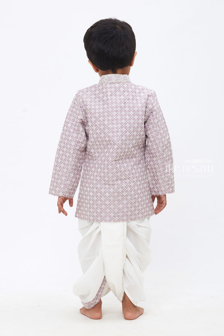 The Nesavu Boys Dothi Set Regal Heritage: Boys Patterned Purple Kurta with White Panchagajam Set Nesavu Ethnic Elegance for Boys | New Festive Kurta with Dhoti Collections | The Nesavu