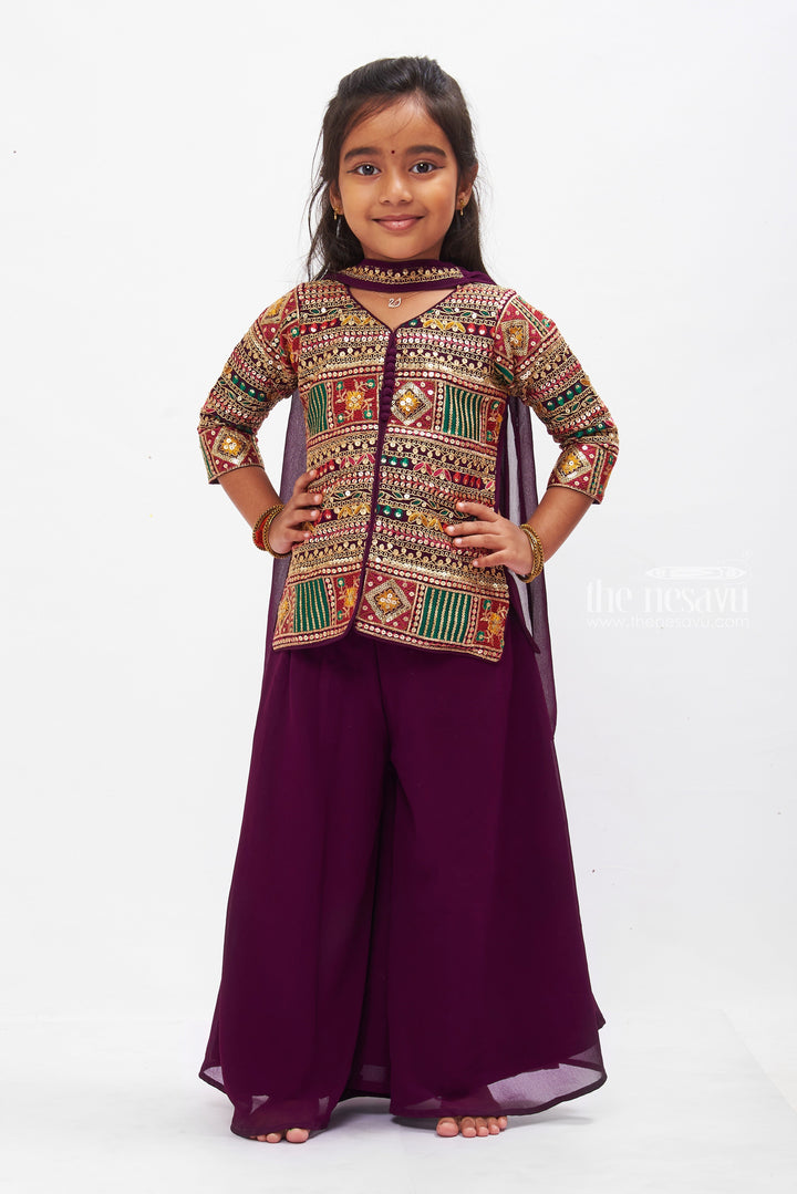 The Nesavu Girls Sharara / Plazo Set Regal Purple Blouse and Palazzo Pant Set for Girls Nesavu 16 (1Y) / Purple GPS270A-16 Elegant Purple Ethnic Palazzo Set for Girls | Modern Festive Kids Wear | The Nesavu
