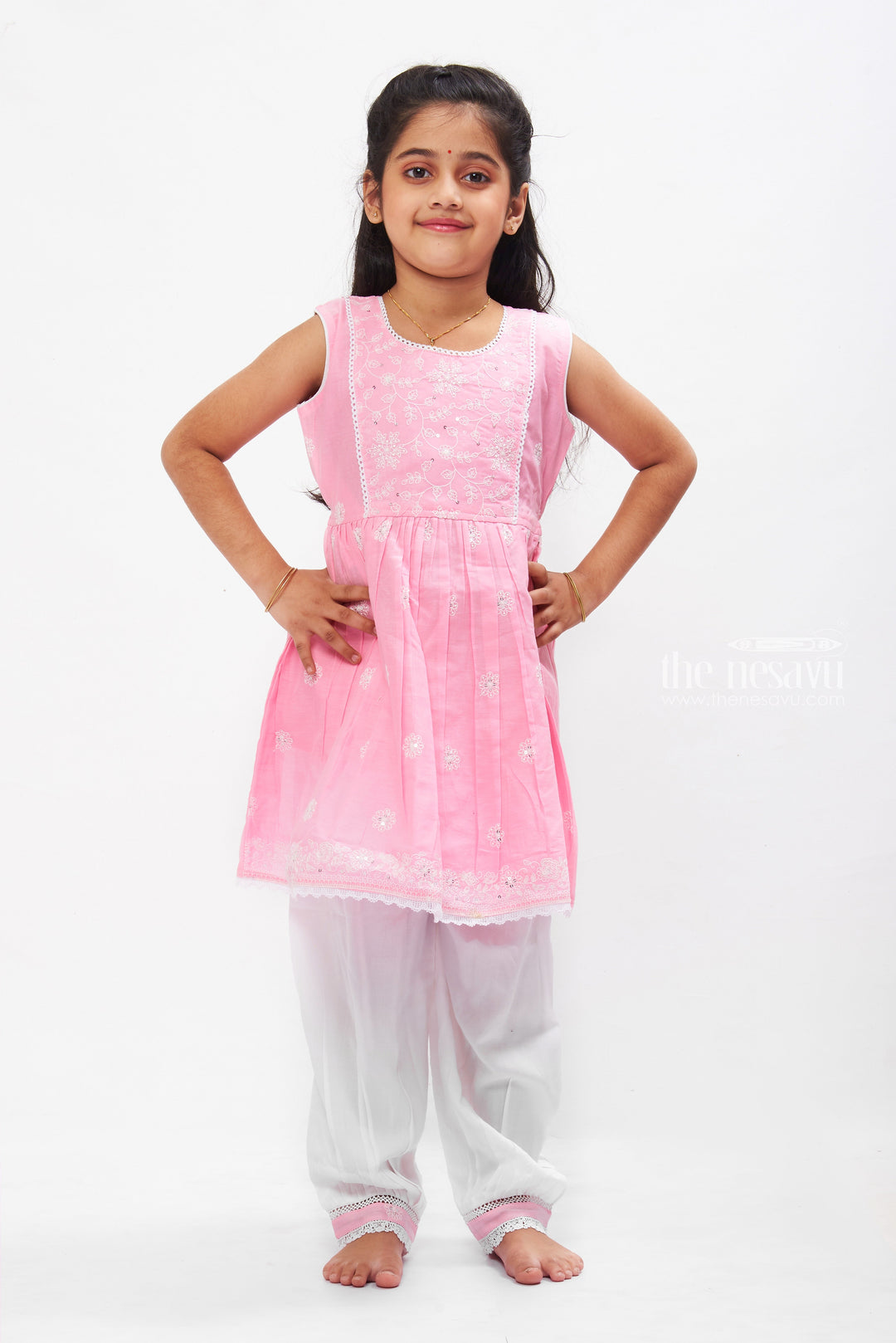 The Nesavu Girls Sharara / Plazo Set Rose Blush Embroidered Kurti with Elegant White Patiala Pant for Girls Nesavu 16 (1Y) / Pink GPS261B-16 Embroidered Girls Kurti Set | Traditional White Patiala Ensemble for Kids | The Nesavu