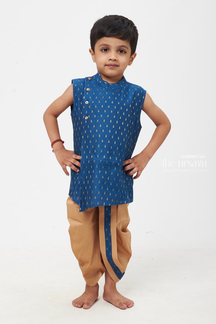 The Nesavu Boys Dothi Set Royal Blue Radiance: Boys' Paisley Brocade Waistcoat with Contrast Taupe Trousers Nesavu 12 (3M) / Blue / Blend Silk BES414B-12 Boys Royal Blue Kurta with Golden Panchagajam | Timeless Look for Traditional Events | The Nesavu