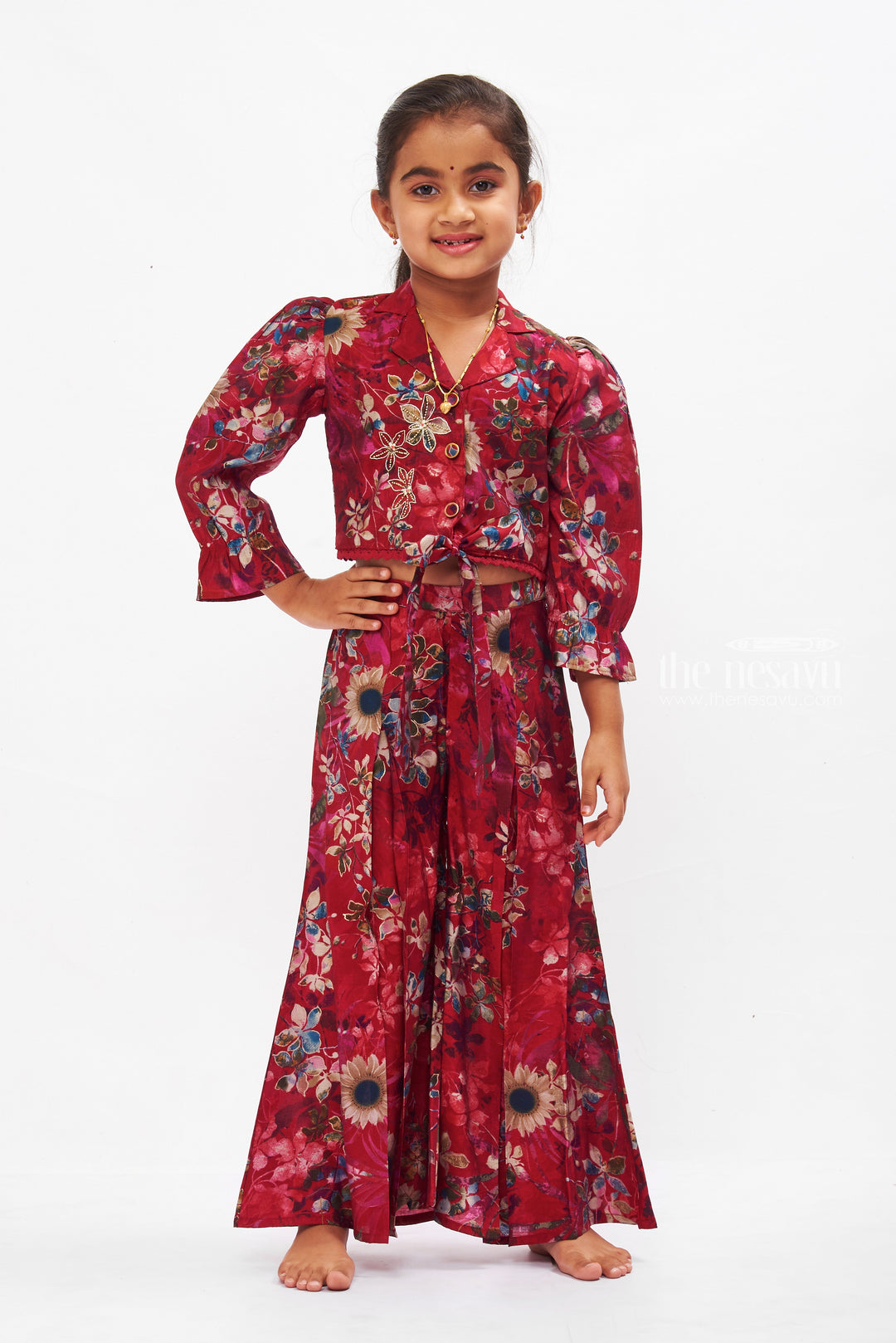 The Nesavu Girls Sharara / Plazo Set Ruby Red Floral Jacket and Palazzo Ensemble for Girls Nesavu 18 (2Y) / Red GPS260B-18 Girls Red Floral Palazzo Set | Festive Floral Ensemble for Girls | The Nesavu